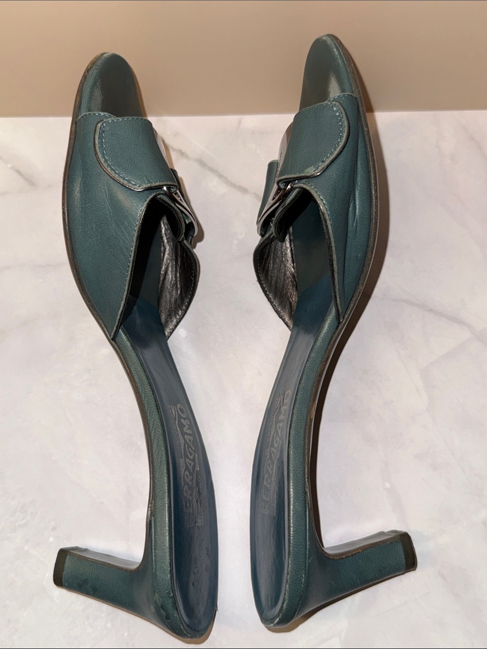 Salvatore Ferragamo Teal Leather Buckle Slide Mules - Picture 11 of 12